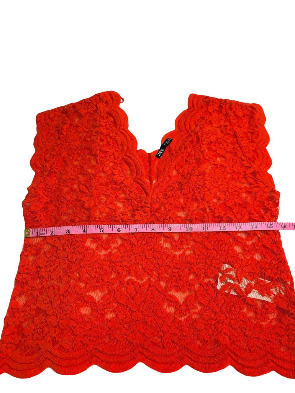 Zara Red Floral Lace Sheer Top Scalloped Stretch Blouse L - Picture 7 of 10